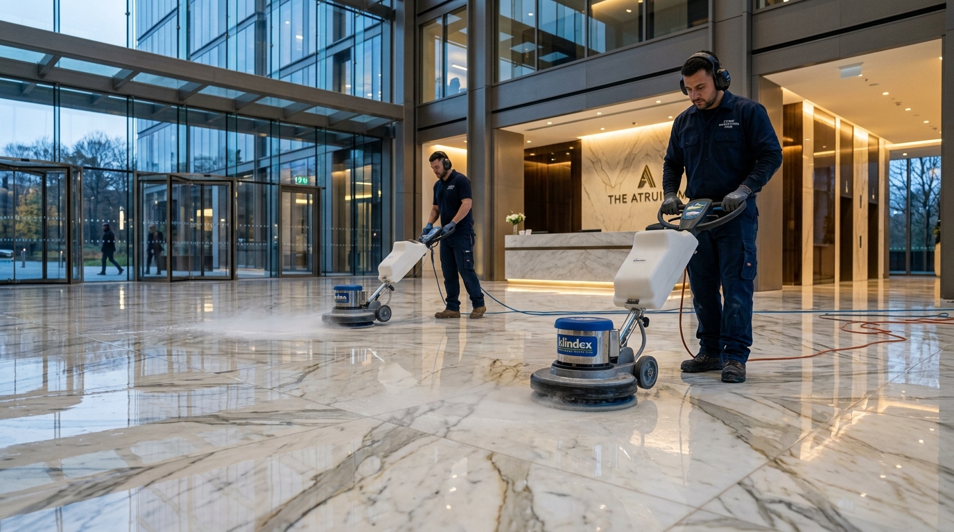 Professional stone care team polishing expansive marble floor