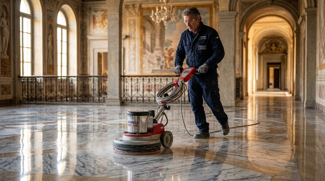 Professional marble polisher craftsman working on luxury stone floor